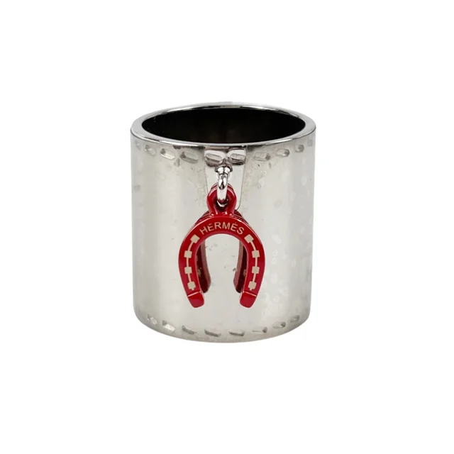 Hermès & Red Enamel Charms Fer a Cheval Horseshoe Scarf Ring in Silver & Red Palladium from Designer Archives