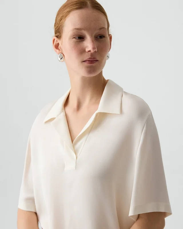 Theory Oversized Polo Shirt in Silk Georgette in IVORY, photo 11 of 12 from Theory