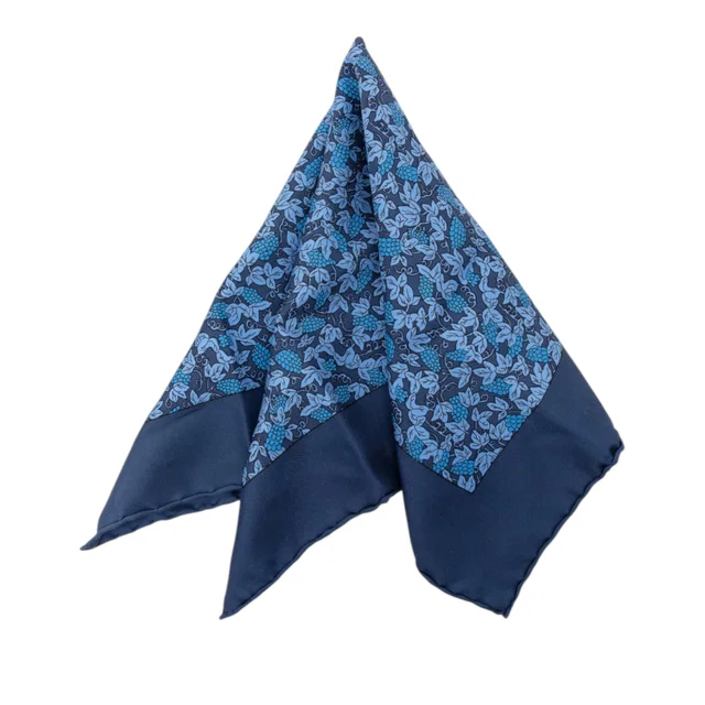 Blue Hermès Grape Vines Silk Pocket Square Scarf Scarves in Blue Silk from Designer Revival