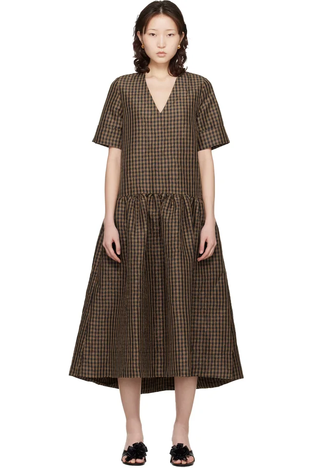 Brown Crinkled Check Maxi Dress, image 1 of 1 from SSENSE