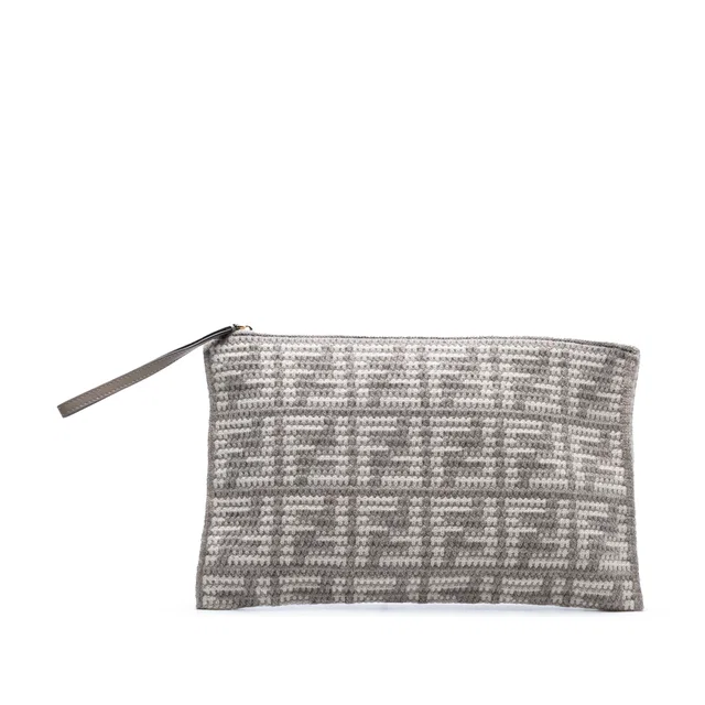 Gray Fendi Large Woven Fabric and Calfskin FF Flat Pouch in Grey Calfskin from Designer Revival