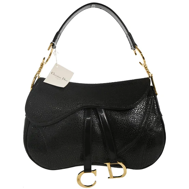 Dior Black Galuchat Stingray Double Saddle Handbag in Black Patent leather from AMORE Vintage Tokyo