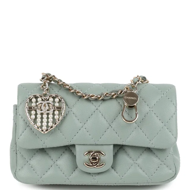 Chanel Nano Classic Double Flap Bag Charm Dark Green Lambskin Light Gold Hardware in Green Lambskin from Madison Avenue Couture