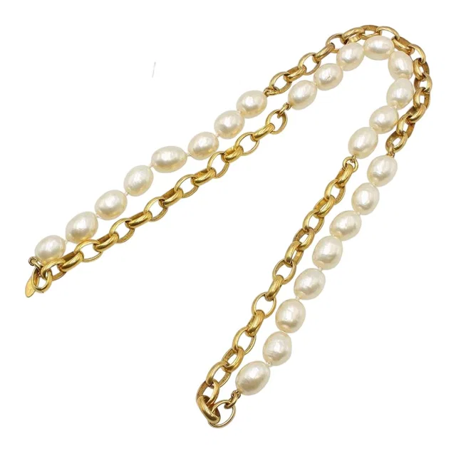 Chanel CC Logo Faux Pearl Long Chain Necklace from The Reluxe