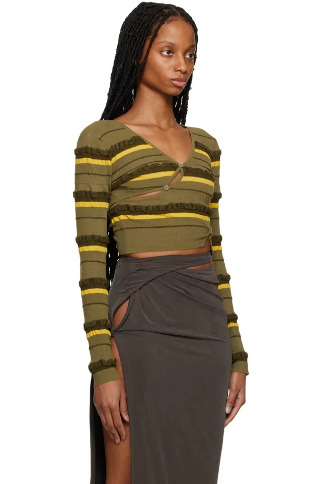 JACQUEMUS Green Le Raphia 'Le Cardigan Tordu' Cardigan, photo 2 of 4 from SSENSE