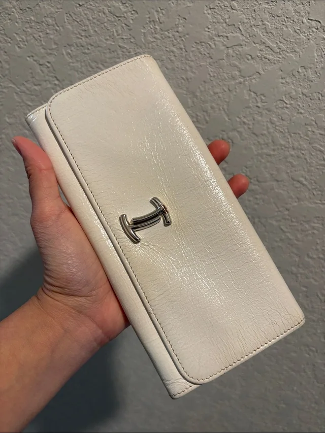 Tods Cream Leather Snap Wallet With Silver T Logo in silver|gray Leather from Poshmark