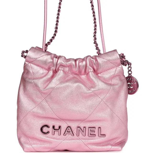 Chanel Mini 22 Bag Pink Metallic Lambskin Lacquered Metal Hardware in Pink Lambskin from Madison Avenue Couture