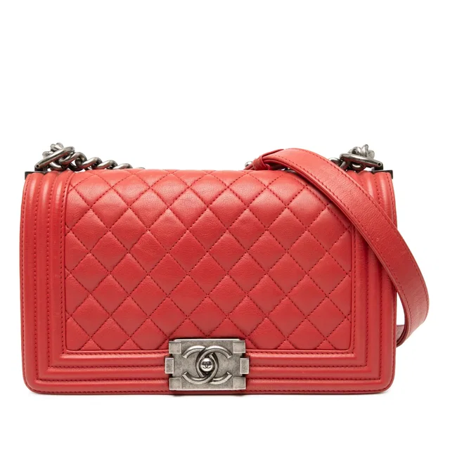 Red Chanel Old Medium Quilted Lambskin Boy Flap Crossbody Bag in Red Lambskin from Designer Revival