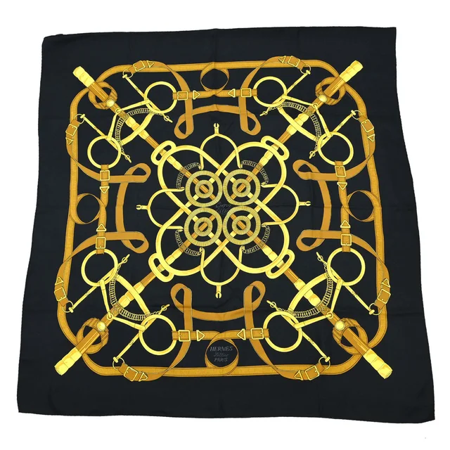 Hermès Scarf Carre 90 Eperon d'Or Black Small Good in Black Silk from AMORE Vintage Tokyo