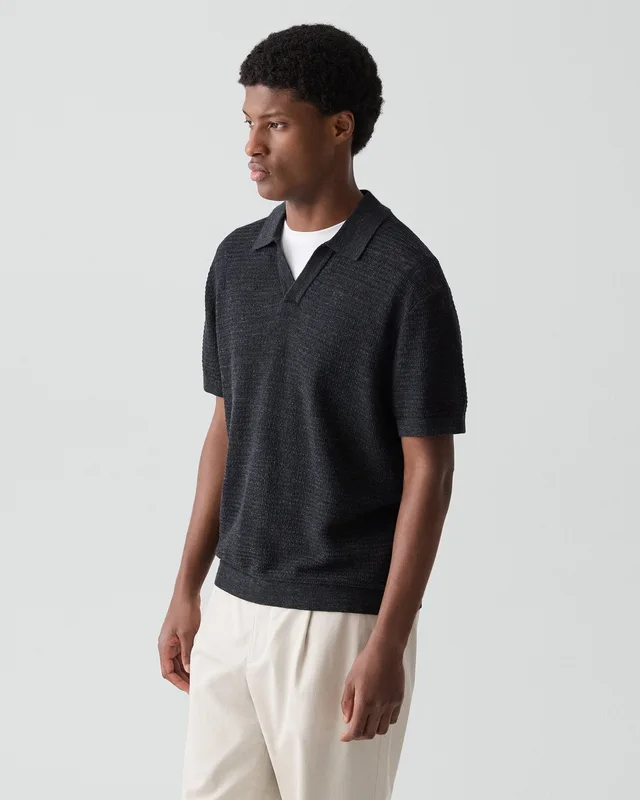 Theory Brenan Polo Shirt in Pacific Linen in BLACK 65% Linen, 23% Cotton, 12% Polyester; Exclusive Of Elastic, photo 2 of 12 from Theory