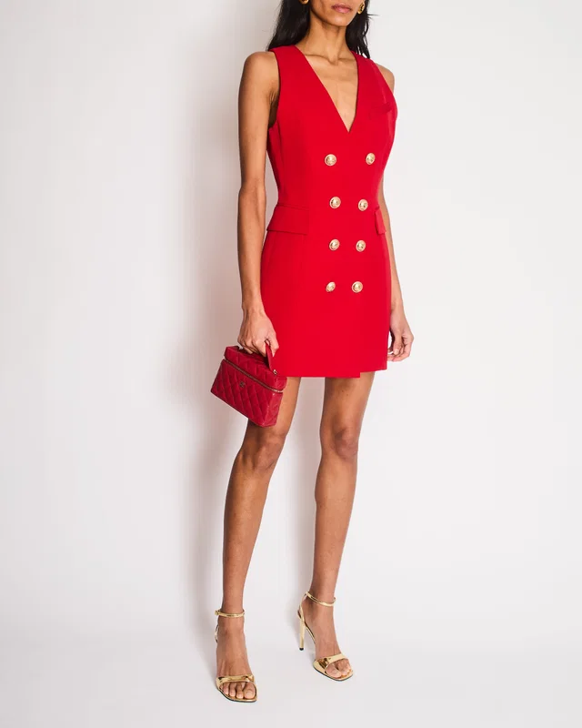Balmain Double Breasted Red Dress with Gold Button Details Size EU 38 (UK 10) in Red Wool from Sellier