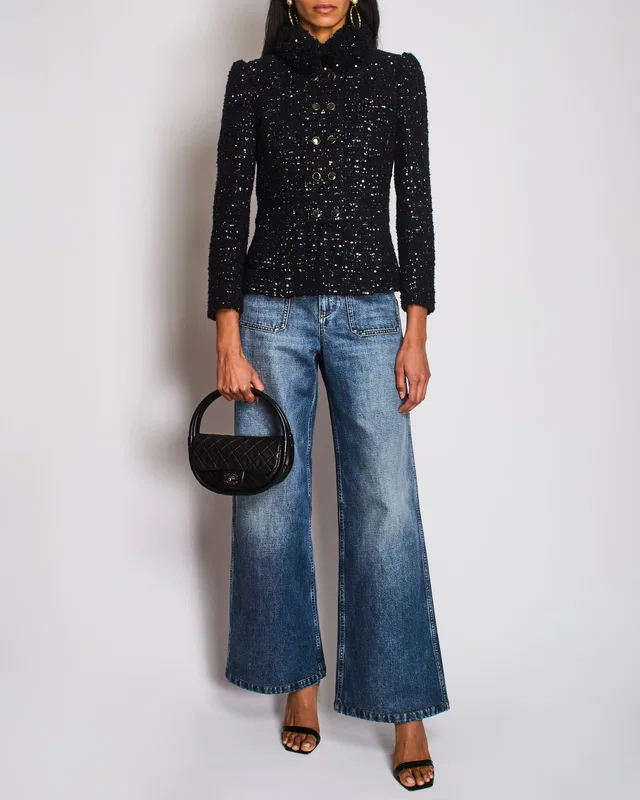 Chanel 2021 Le Chateau des Dames Navy Tweed Jacket with Multi-Colour Sequin Embellishments and Gold… in Black Tweed from Sellier
