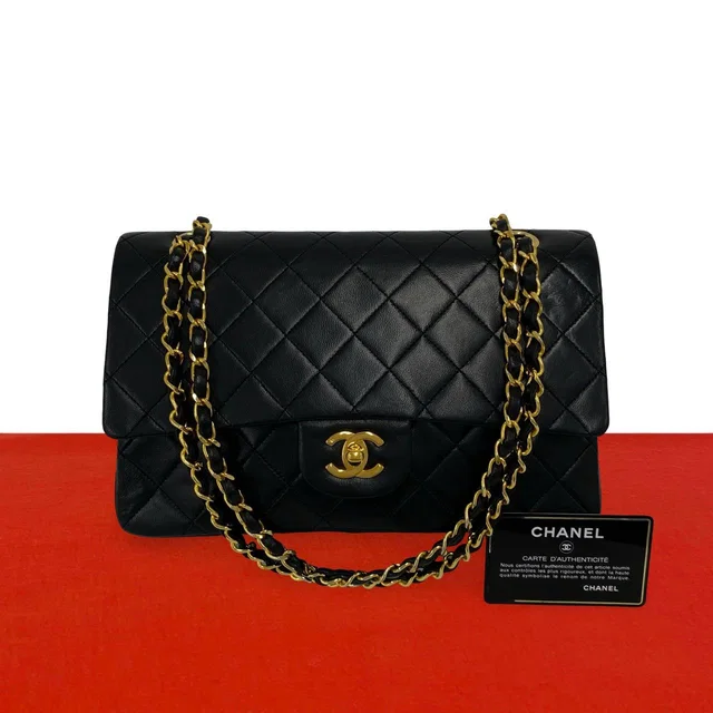 Chanel Vintage Quilted Double Flap 25 Lambskin Shoulder Bag Black in Black Lambskin from The Reluxe