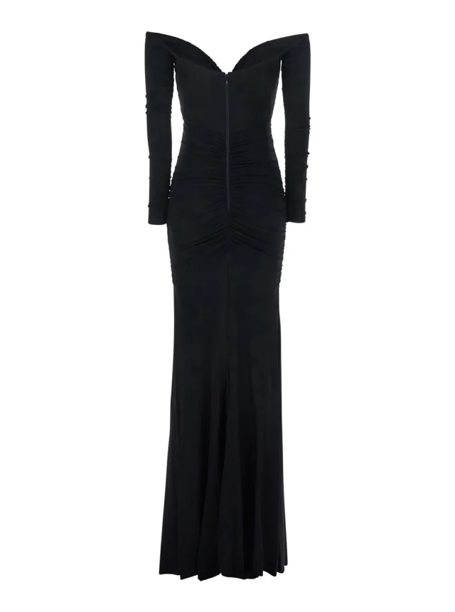 ELISABETTA FRANCHI Black Off Shoulder Dress with Ruffles in Stretch Viscose for Women in Black 95% Viscose 5% Elastane, photo 3 of 6 from Gaudenzi Boutique