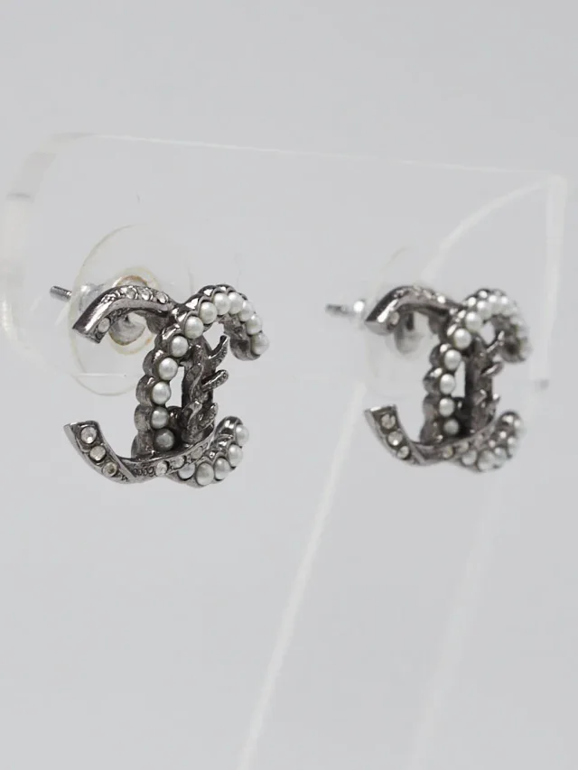 Chanel Silver Metal Crystal and Faux Pearl CC Stud Earrings in Silver from Yoogis, photo 2 of 3