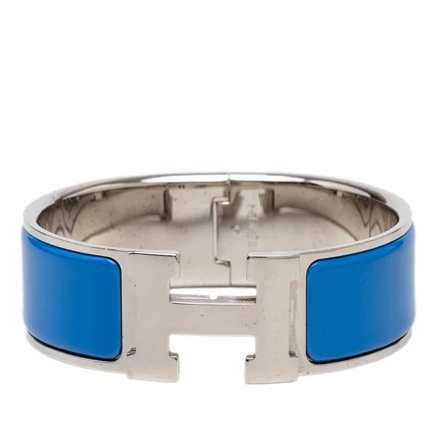 Blue Hermès Wide Enamel Clic Clac H Bracelet PM in Blue from Designer Revival