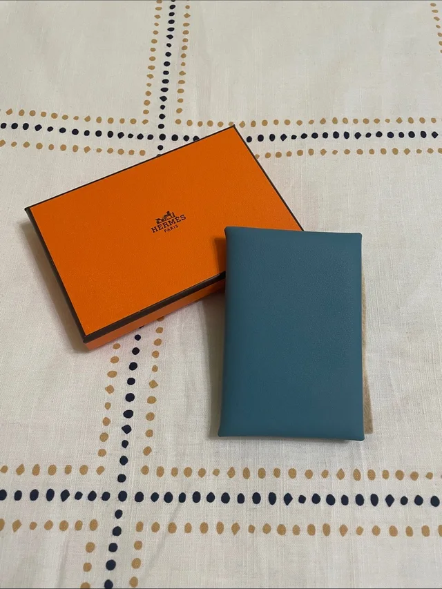 Hermès Calvi Swift Leather New Blue Jean & Gold Duo Custom Wallet in blue|brown|red Swift leather from Poshmark