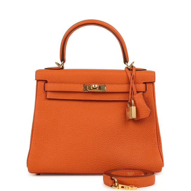 Hermès Kelly Retourne 25 Orange Togo Gold Hardware in Orange Togo leather from Madison Avenue Couture