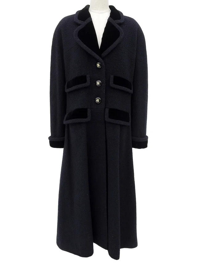 Chanel Velvet Design Clover Button Long Coat #38 Navy/Black in Black Velvet from VINTAGE QOO TOKYO