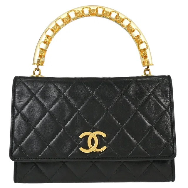 Chanel 1989-1991 Black Lambskin Top Handle Handbag in Black Lambskin from AMORE Vintage Tokyo