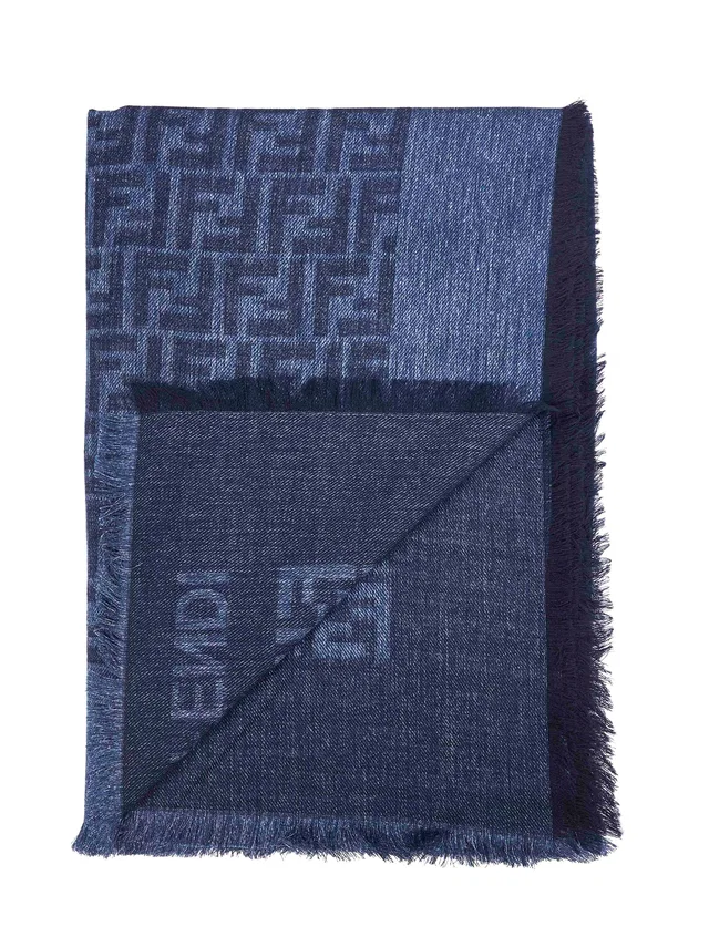 Fendi Jacquard Ff Logo Shawl — Blue Cotton Shawls in Blue Denim from HEWI
