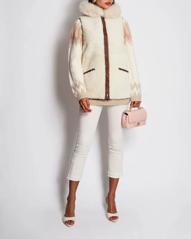 Loro Piana Beige Shearling Reversible Hooded Gilet with Brown Piping Detail Size S (UK 8) in Brown Lambskin from Sellier