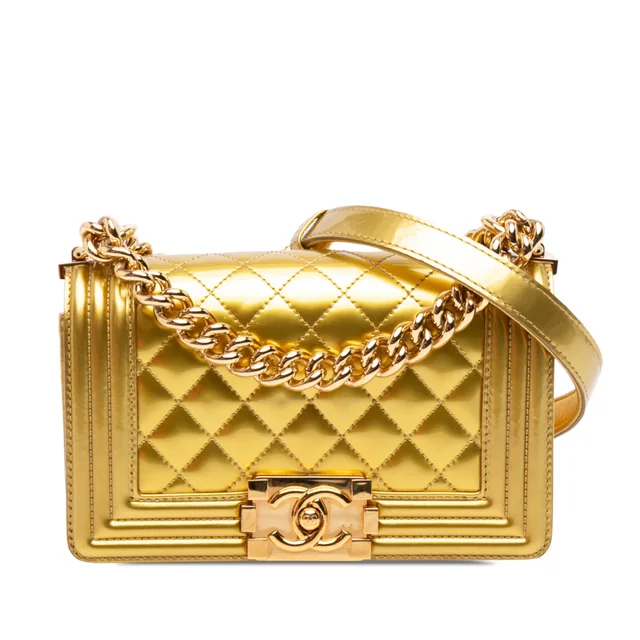 Gold Chanel Small Quilted Metallic Patent Boy Flap Crossbody Bag in Gold Patent leather from Designer Revival