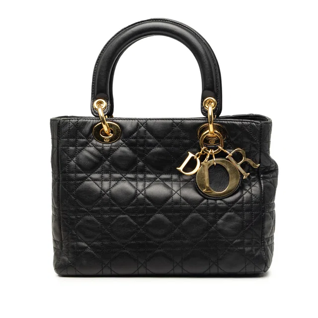 Black Dior Medium Lambskin Cannage Lady Dior Satchel in Black Lambskin from Designer Revival