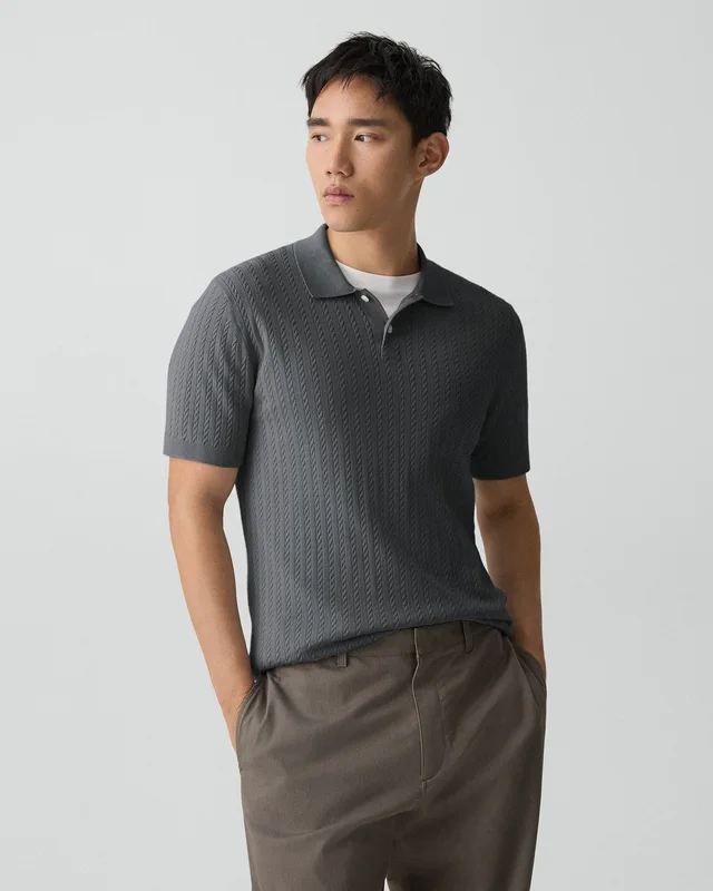 Theory Soris Cable-Knit Polo Shirt in Light Bilen in MEDIUM GREY 62% Viscose, 38% Polyester; Exclusive Of Elastic, photo 9 of 12 from Theory
