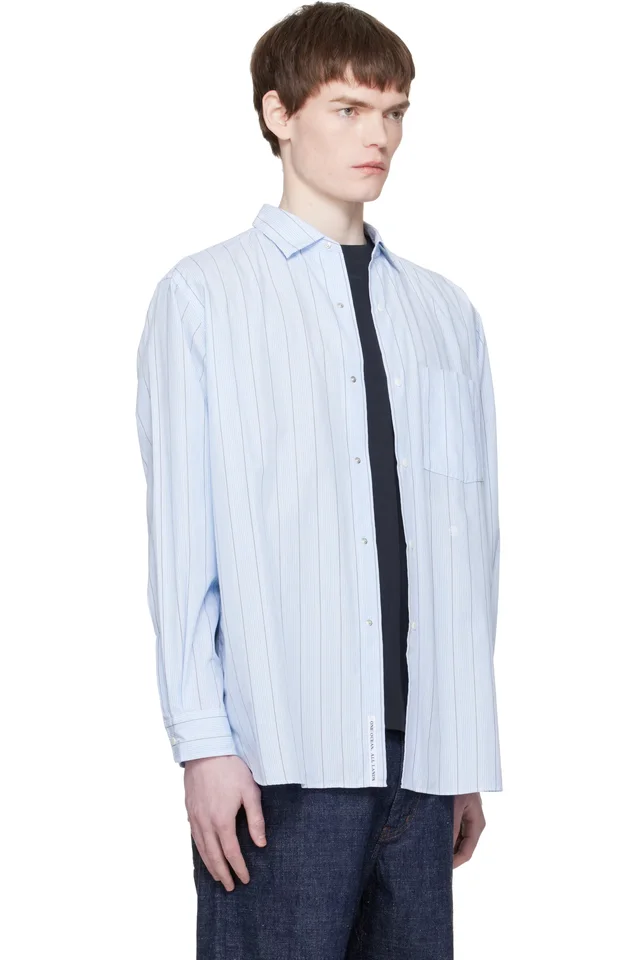 nanamica Blue Regular Collar Stripe Wind Shirt, photo 2 of 4 from SSENSE