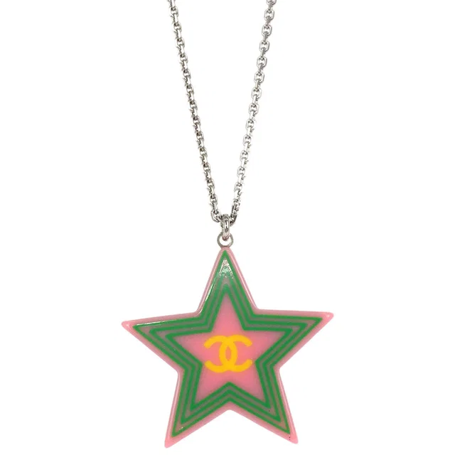 Chanel Silver Chain Necklace Pendant Star Acrylic 04C in Silver Resin from AMORE Vintage Tokyo