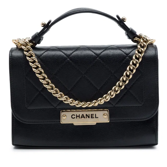 Black Chanel Small Quilted Grained Calfskin Label Click Flap Satchel in Black Caviar leather from Designer Revival