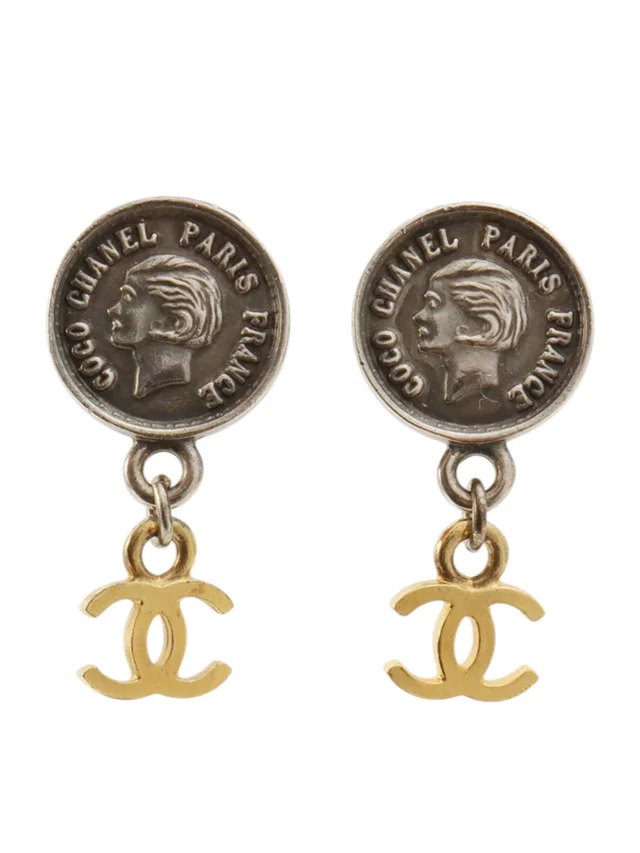 Chanel 1996 Coin Motif CC Mark Earrings Silver/Gold in Gold from VINTAGE QOO TOKYO