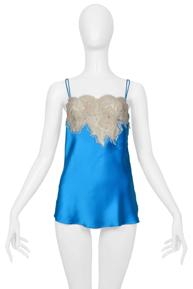 Dolce & Gabbana Blue Satin Camisole Top With Off White Lace Cir. 2002 in White Satin from Resurrection Vintage