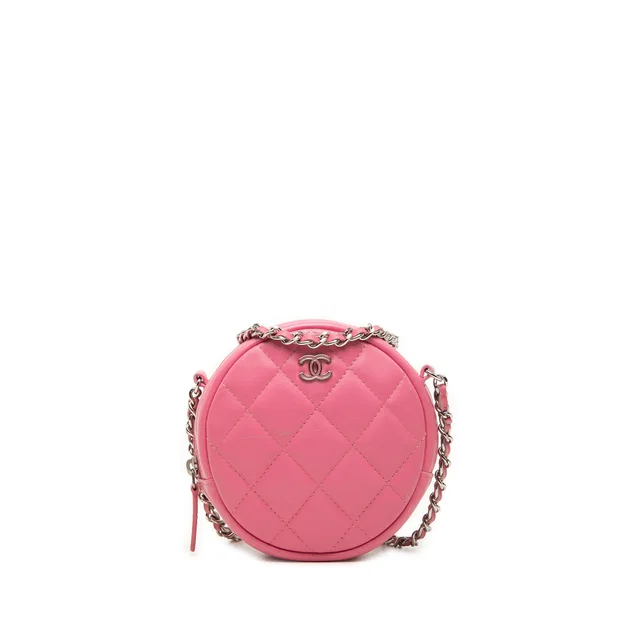Pink Chanel CC Quilted Lambskin Round Clutch With Chain Crossbody Bag in Pink Lambskin from Designer Revival