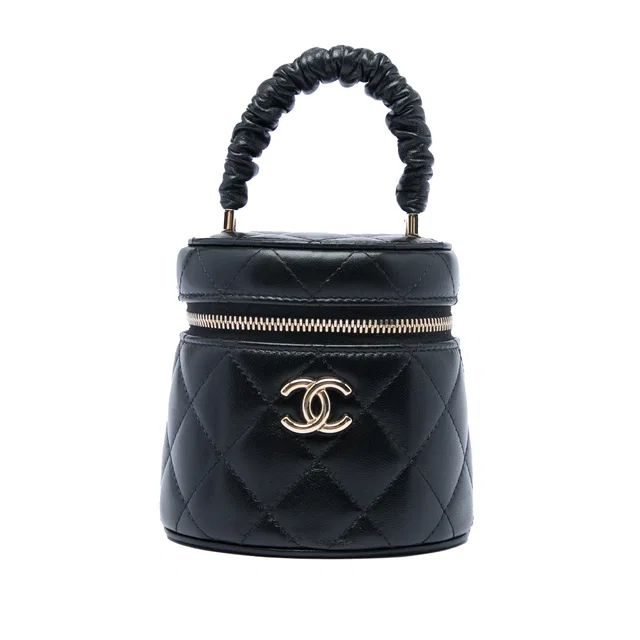 Black Chanel Mini Quilted Lambskin Ruched Handle Vanity Case in Black Lambskin from Designer Revival