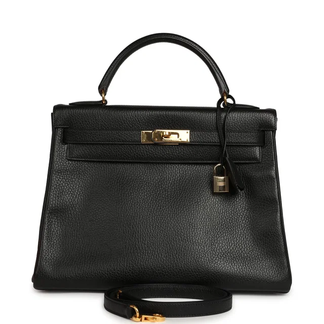 Hermès Vintage Kelly Retourne 32 Black Ardennes Gold Hardware in Black Goatskin from Madison Avenue Couture