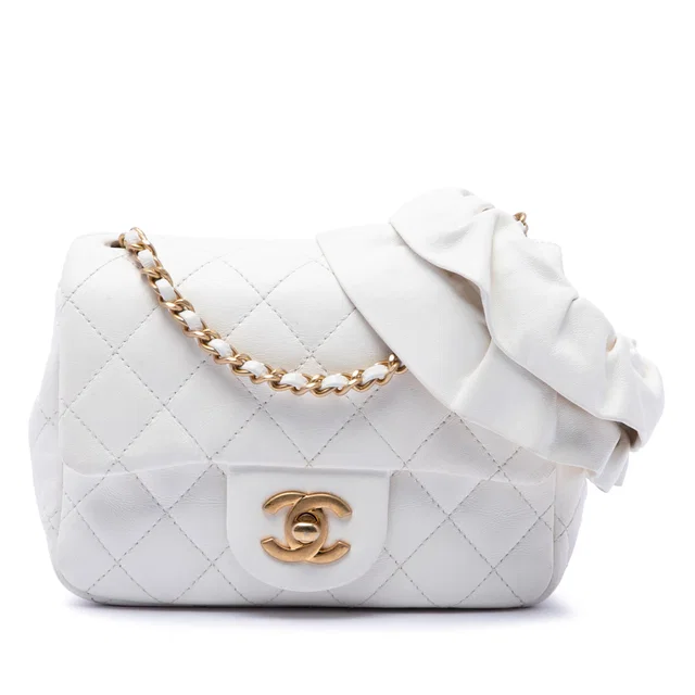 White Chanel Mini Square Lambskin Romance Single Flap Crossbody Bag in White Lambskin from Designer Revival