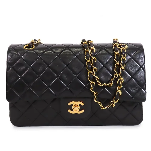 Chanel Chain Black Gold Lambskin Quilted 25 Double Flap Shoulder Bag in Black Lambskin from The Reluxe