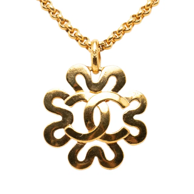 Gold Chanel CC Gold Plated Flower Pendant Necklace in Gold from Designer Revival