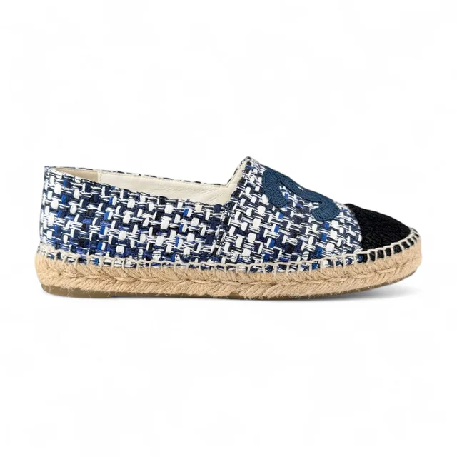 Chanel Blue White & Black Tweed Espadrilles in Black Tweed from Designer Archives