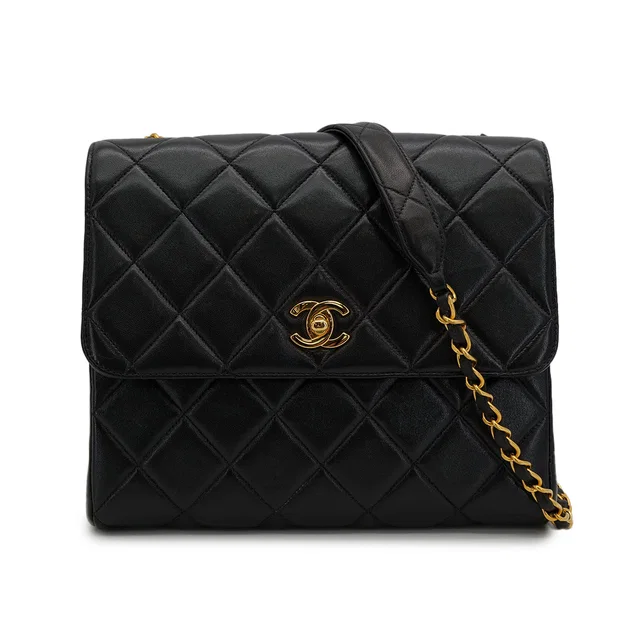 Chanel Vintage Matelasse Chain Shoulder Bag Black Lamb Skin Gold Hardware in Black from Luxury Promise