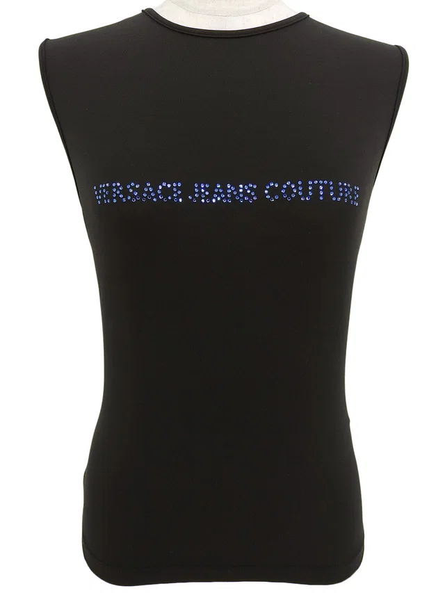 Versace Rhinestone Logo Sleeveless Top Black in Black from VINTAGE QOO TOKYO