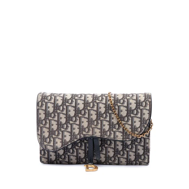 Blue Dior Oblique Canvas Saddle Pouch Wallet on Chain Crossbody Bag in Blue Canvas from Designer Revival