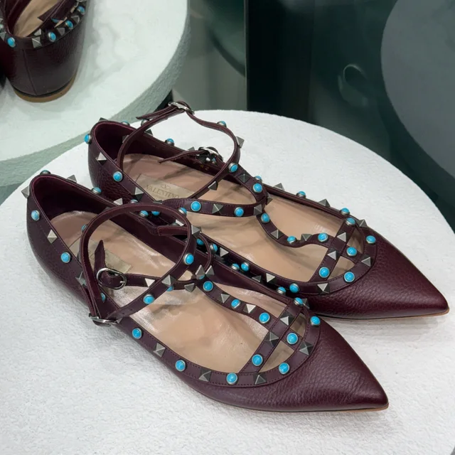 Valentino Garavani Burgundy Rockstud Flats Sz 42 from Revivre Luxury Consignment