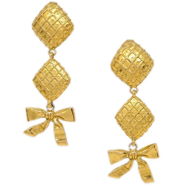 Chanel Dangle Earrings Bow Rhombus Clip-On Gold in Gold from AMORE Vintage Tokyo
