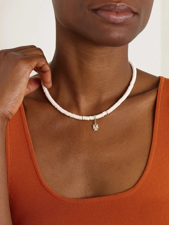 JACQUIE AICHE Thunderbird 14-karat gold, bone, diamond and emerald necklace in White, photo 2 of 2 from NET-A-PORTER (Canada)
