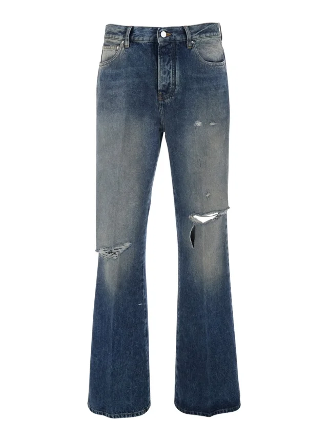 Blue Men's Jeans with Front Rips and Logo Patch on the Back in Blue, image 1 of 1 from Gaudenzi Boutique