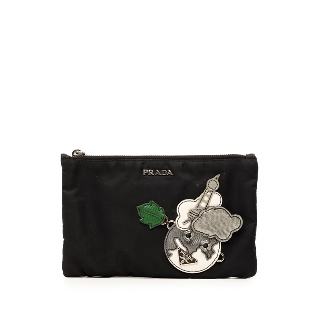Black Prada Saffiano Trimmed Tessuto Robot Pouch in Black Saffiano leather from Designer Revival