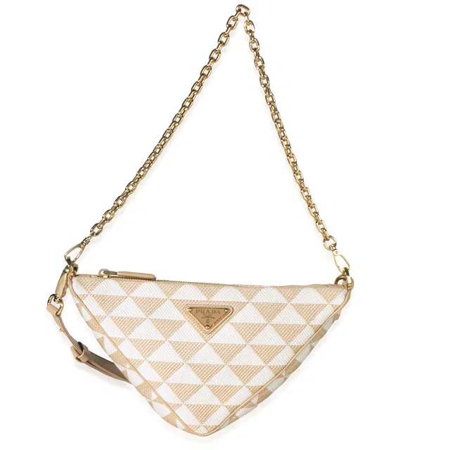 Prada Corda Talco Jacquard Triangolo Symbole Embroidered Canvas Triangle Bag in Canvas from myGemma